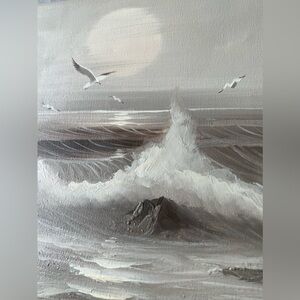 Vintage D Perry Oil Beach Sea Crashing Waves Sunset~ Unframed